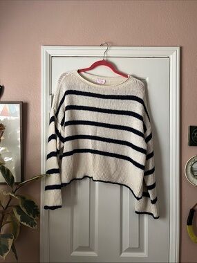 Glossy Paris Striped Open Knit Sweater - Cream and Navy